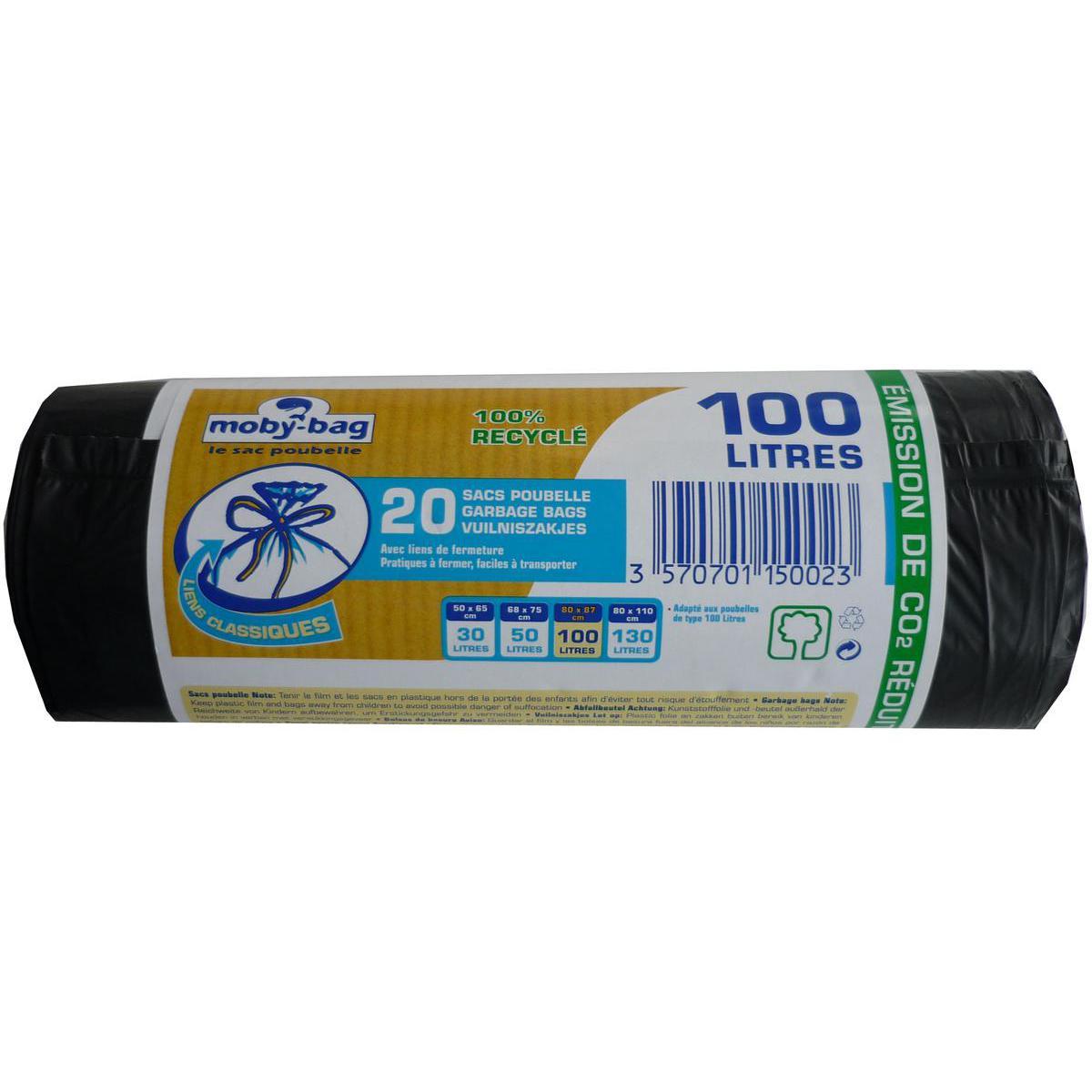 Sac poubelle standard Moby - 100 litres - Polyéthylène Recycle - Noir