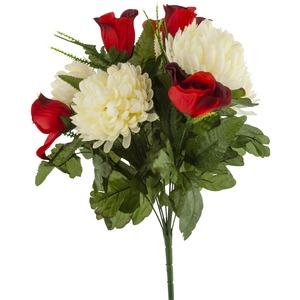 Bouquet piquet de 25 roses et chrysanthèmes artificielles - Blanc crème