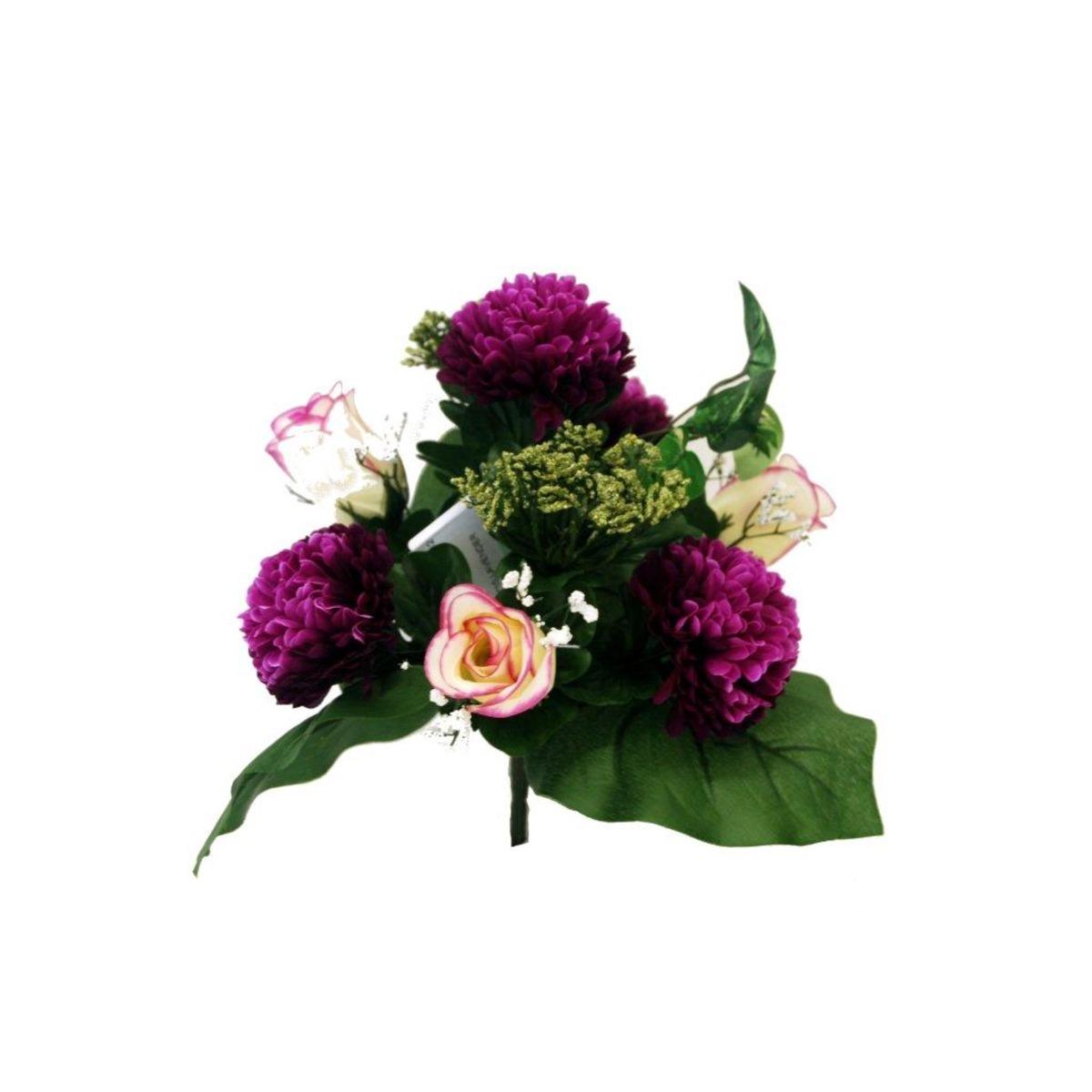 Piquet de 10 roses et chrysanthèmes - Polyester - Hauteur 30 cm - Blanc