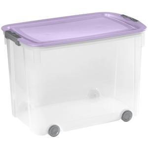 Box de rangement 70 litres Allibert en plastique avec roulettes - violet, transparent