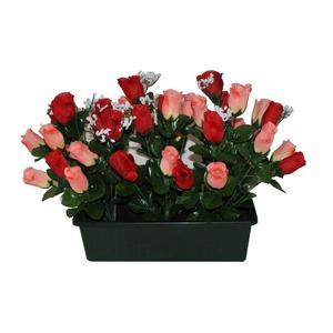 Jardinière 42 roses + gypsophiles - H 45 cm - Rouge, Orange saumon