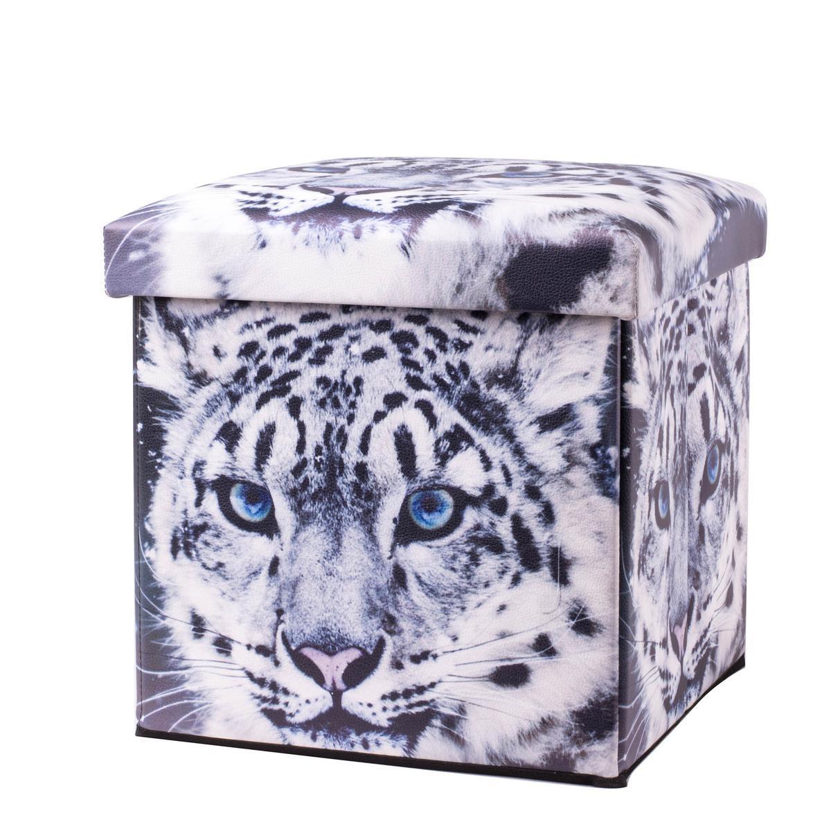 Coffret tabouret tigre en PVC, intissé et MDF - 30 x 30 x 30 cm - Noir et blanc