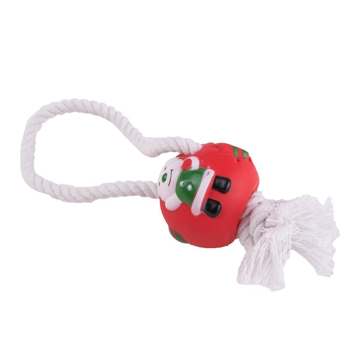 Jouet chien corde boule Noël - Vinyle - Ø 7,5 x H 30 cm - Rouge, vert, blanc