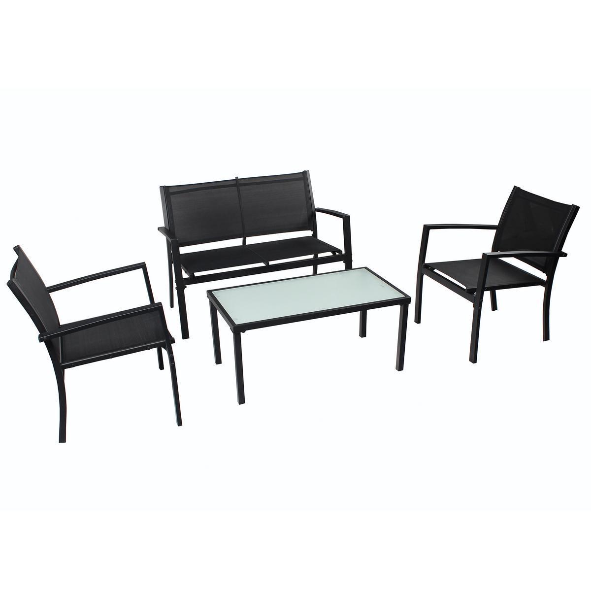 Salon de jardin 1 table, 1 banc, 2 fauteuils - Acier, Verre et Textilène - Noir