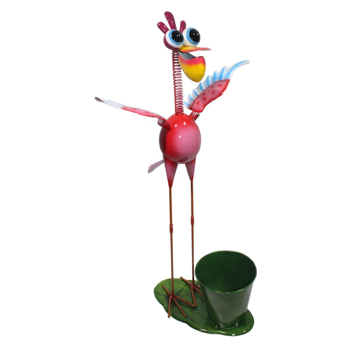 Oiseau décoratif de jardin avec pot à fleurs - Métal - 33 x 26 x H 71 cm - Rose et vert
