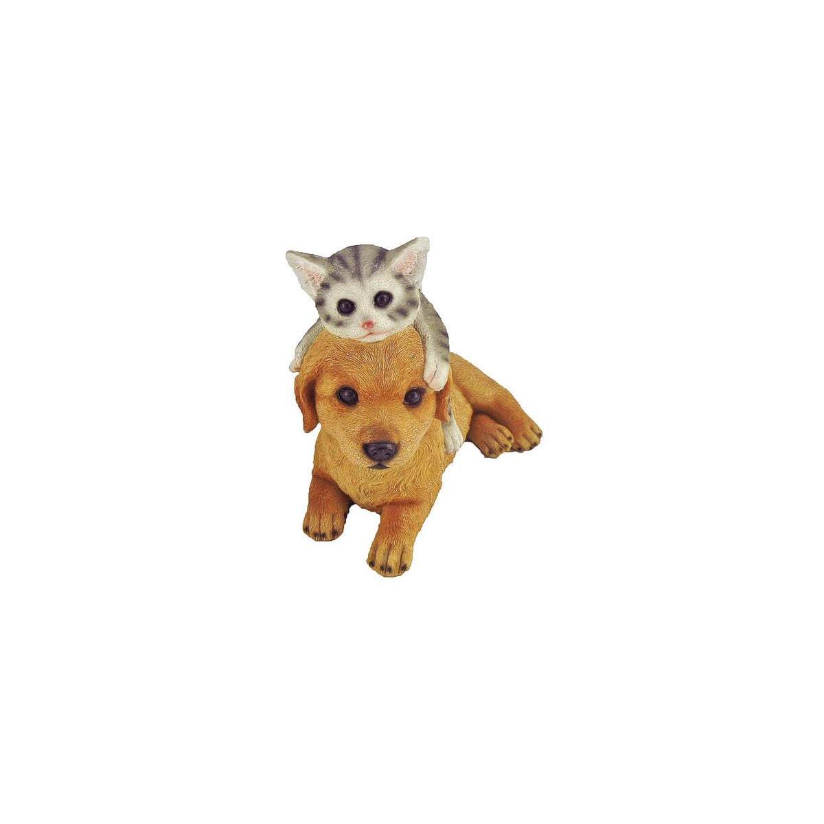 Petit chat et chien décoratifs - Polyrésine - 32 x 18 x H 25,2 cm - Marron et gris