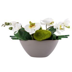 Orchidée + pot - Polyester et porcelaine - 40 x 16 x H 15.5 cm - Blanc et rose fushia