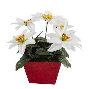Poinsettia en pot - Plastique et polyester - 10 x 10 x H 22 cm - Rouge ou blanc