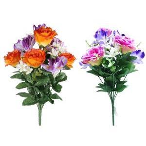 Bouquet de 7 roses et alstroemerias - Plastique et polyester - H 36 cm - Différents coloris