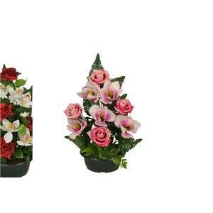 Jardinière de roses et orchidées - Plastique et tissus - 18 x H 43 cm - Rose, orange, rouge et beige