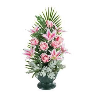 Vasque de roses, orchidées, palmes et lys - Plastique et tissus - H 52 cm - Différents coloris