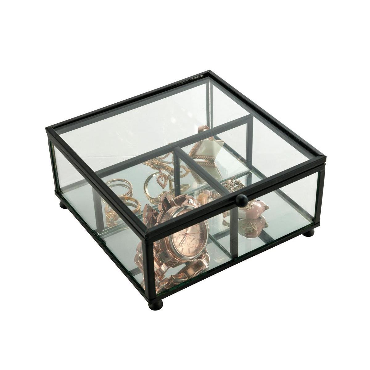 Coffret design 3 compartiments - Métal et verre - 13,5 x 13,5 x H 6,5 cm - Noir et transparent