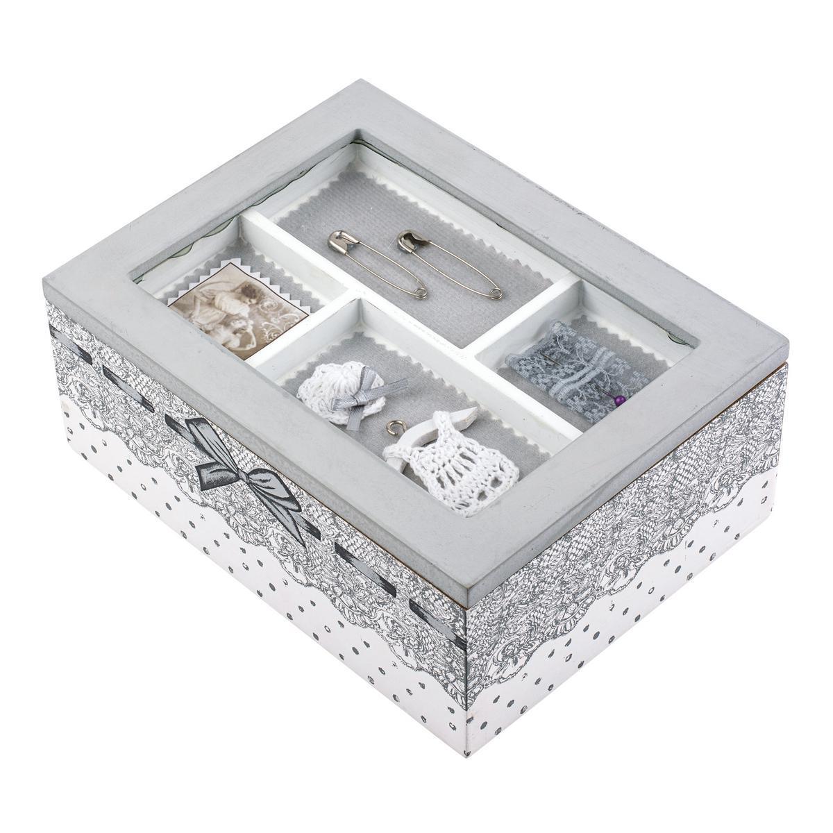 Boîte à couture - MDF - 20 x 15 x H 8 cm - Blanc et gris