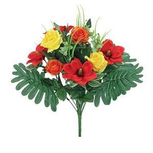 Bouquet de roses et d'anémones synthétiques - H 44 cm - Différents coloris - Rouge, jaune, vert