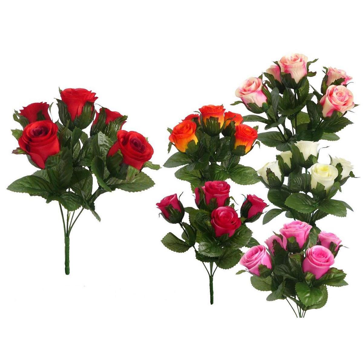 Bouquet de 5 roses - Polyester - H 26 cm - Différents coloris