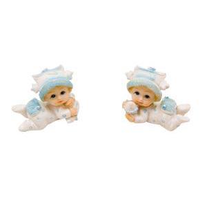 Figurine bébé allongé garçon avec biberon - Résine - 5,5 x 3 x 4,5 cm - Bleu