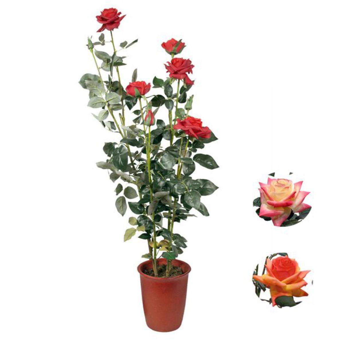 Rosier en pot 5 fleurs et 3 boutons- Plastique et polyester - H 110 cm - Rose Rouge Orange