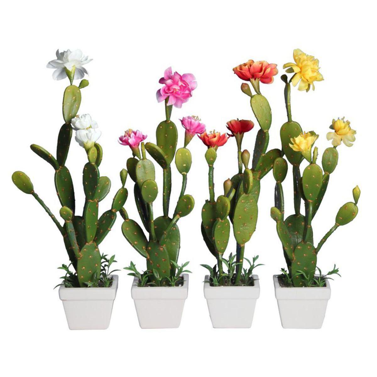 Cactus avec fleurs en pot céramique - Plastique - H 46 cm - Vert