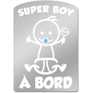 Sticker voiture de prévention enfant Super boy à bord - 22 x 12 cm - Gris