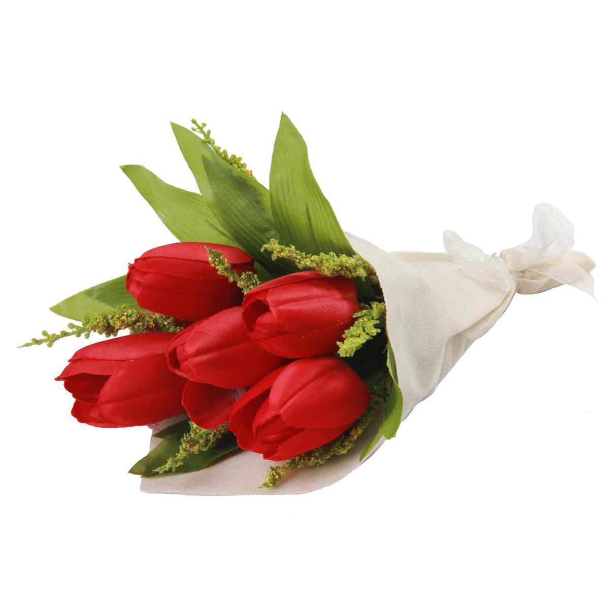 Bouquet de tulipes - Plastique et polyester - H 31 cm - Rouge Orange Beige