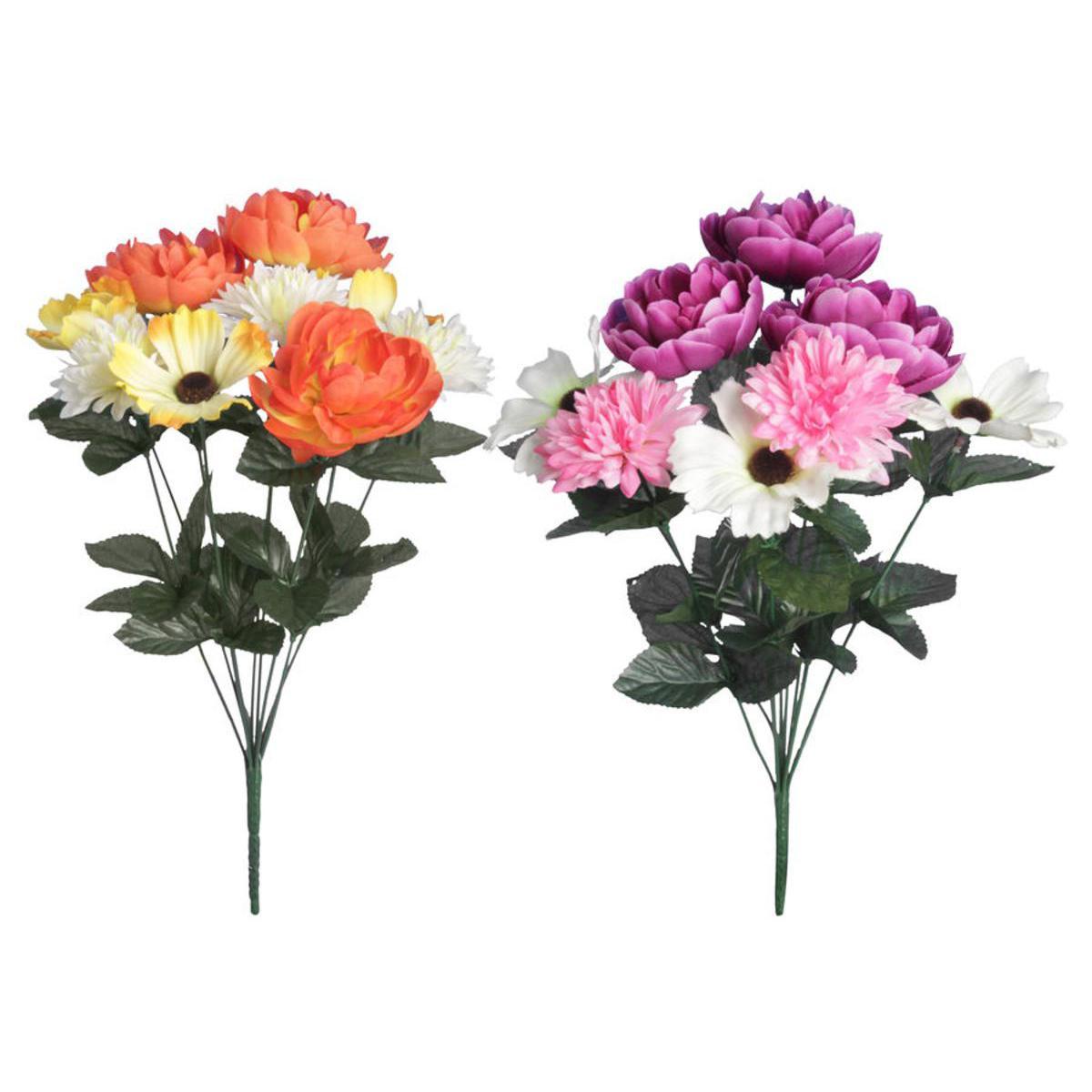 Bouquet de Pivoine Mums et Cosmos - Plastique et polyester -  H 42 cm - Orange Jaune Violet Rose