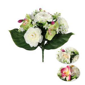 Bouquet de renoncules et orchidées - Plastique, Polyester - H 32 cm - Vert Blanc Rose