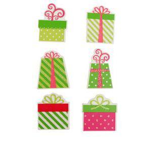 Lot de 6 stickers forme cadeau pailleté - Bois - 3,5 x 3 cm - Rose et vert
