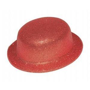 Chapeau melon pailleté en plastique - 26 x 23 x H 12 cm - Rouge