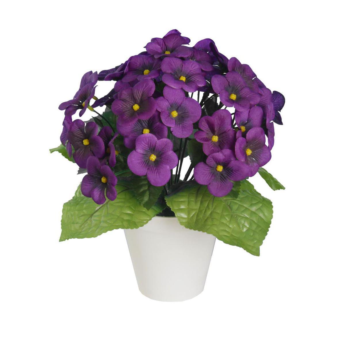 Violettes en pot lesté - Plastique et polyester - Diam. 11 x 23cm - Violet