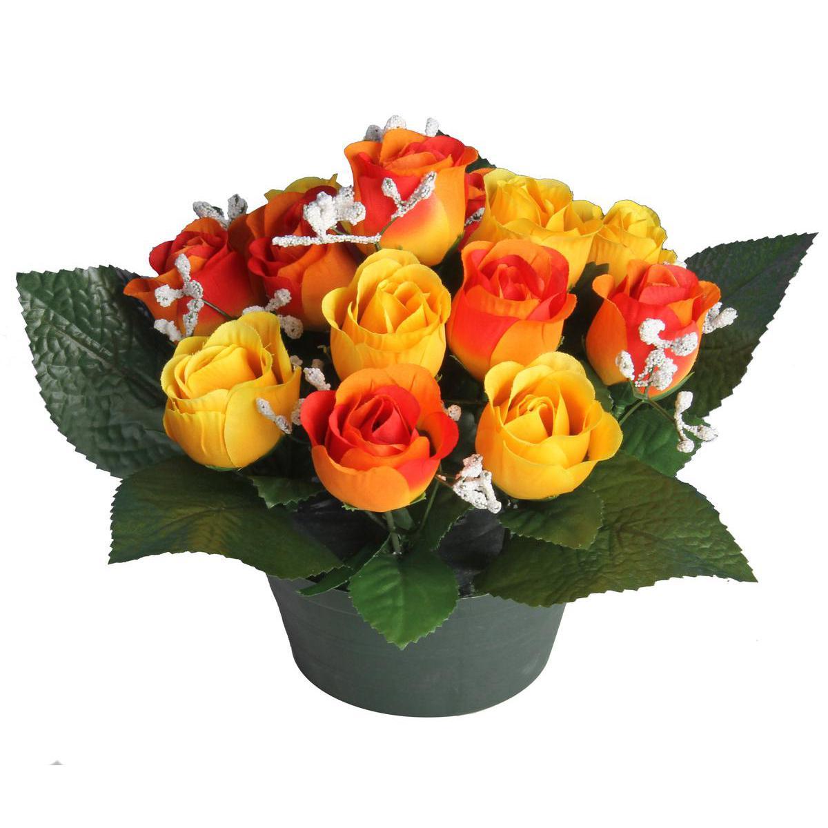 Composition de 11 boutons de roses et gypsophile en pot lesté - Plastique et  polyester - Diam. 14 x 22 cm - Multicolore