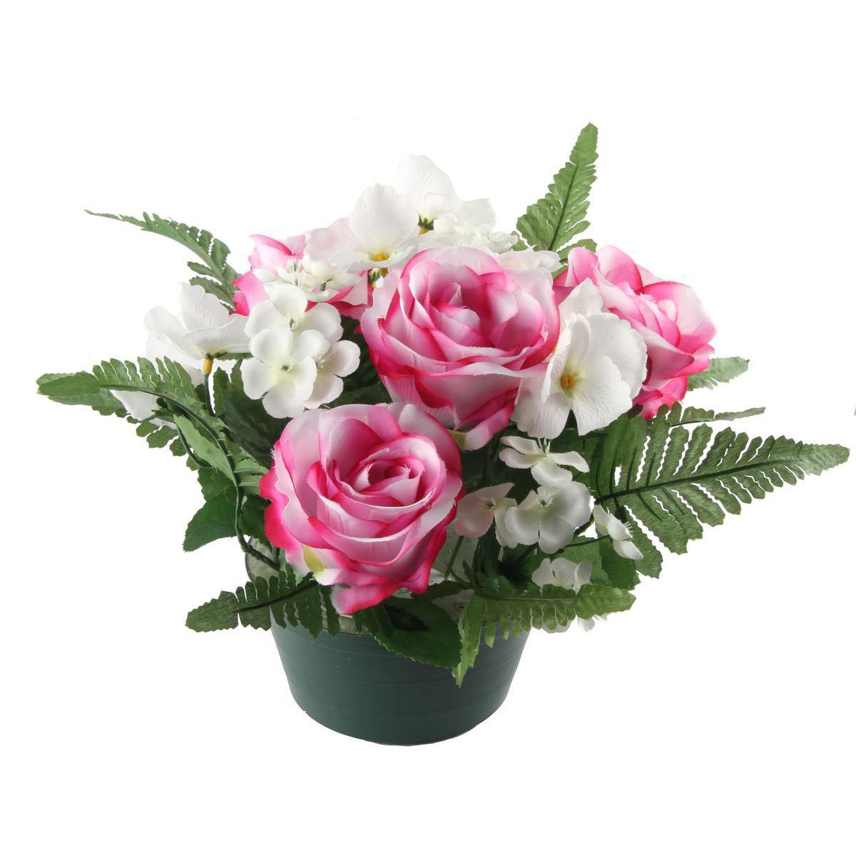 Composition de roses et hortensias en pot lesté - Plastique et  polyester - Diam. 14 x 24 cm - Rose