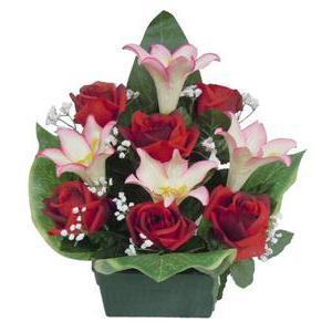 Jardinière de lys et roses en pot lesté - Plastique et  polyester - 16 x 10 x 37 cm - Rouge et rose