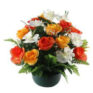Composition de roses et orchidées en pot lesté - Plastique et  polyester - Diam. 19 x 42 cm - Orange et rose