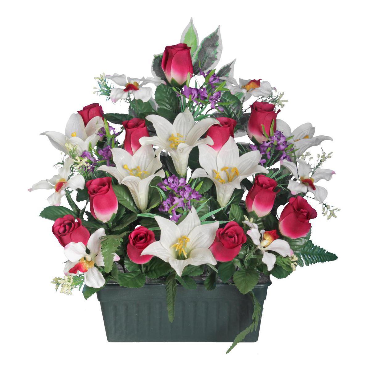 Jardinière de boutons de roses et lys en pot lesté - Plastique et  polyester - 25 x 12 x 42cm - Rose et violet