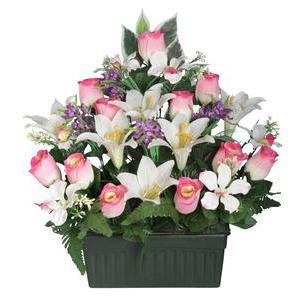 Jardinière de boutons de roses et lys en pot lesté - Plastique et  polyester - 25 x 12 x 42cm - Rose et violet