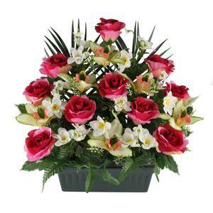 Jardinière de boutons de roses et orchidées en pot lesté - Plastique et  polyester - 25 x 12 x 40cm - Rose et orange