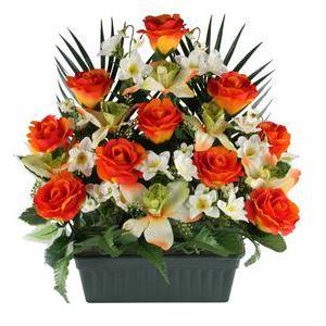 Jardinière de boutons de roses et orchidées en pot lesté - Plastique et  polyester - 25 x 12 x 40cm - Rose et orange