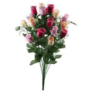 Bouquet de 24 boutons de roses - Plastique et polyester - Hauteur 62 cm - Rose, orange et vert