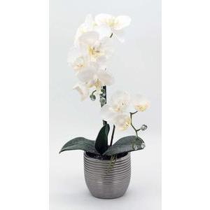 Orchidées synthétiques à deux branches enneigées, en pot décoré argent - Blanc, gris