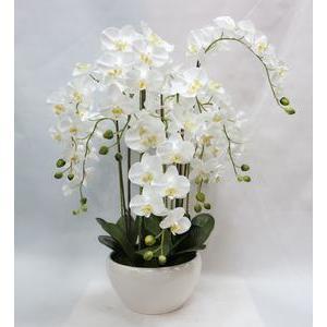Orchidée 9 branches en pot céramique - H 80 cm blanc