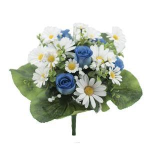 Bouquet de Marguerites & boutons de Roses - H 35 cm - Rose, Bleu, Blanc