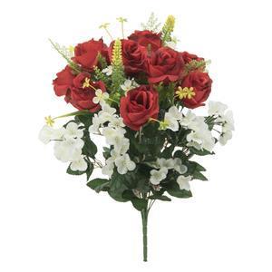 Bouquet de Roses et Hortensias - H 42 cm - Rose, Rouge, Blanc