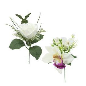 Pique boutonnière Rose & Orchidée - H 23 cm - Blanc